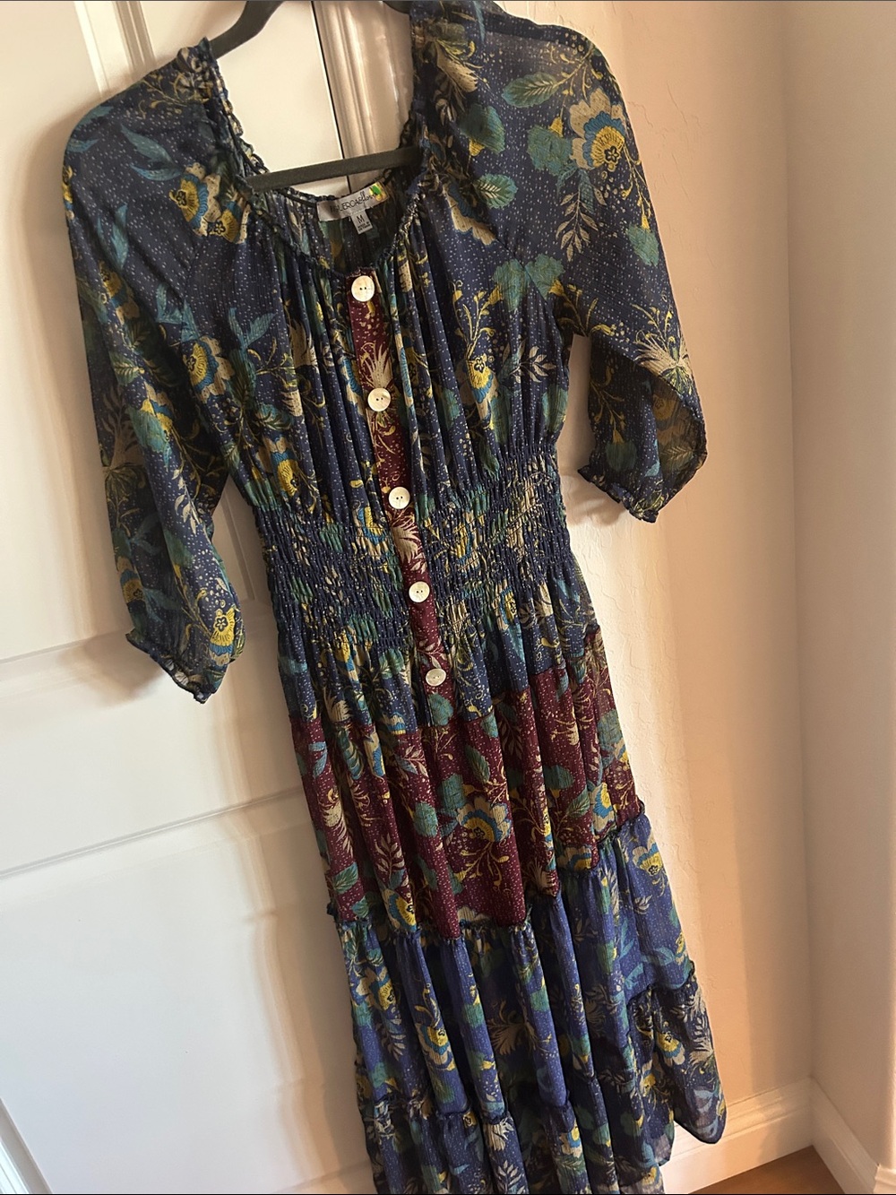 Floral 2 piece Button-Front Midi Dress in Navy, Teal and Burgundy Size Med